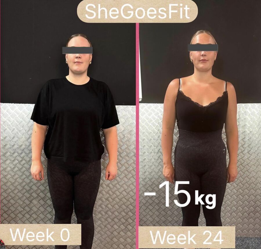 Voor- en na-foto van een klant: week 0 en week 24, 15 kilo lichter