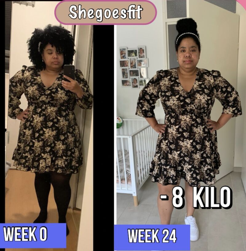 Voor- en na-foto van Marisol: week 0 en week 24, 8 kilo lichter
